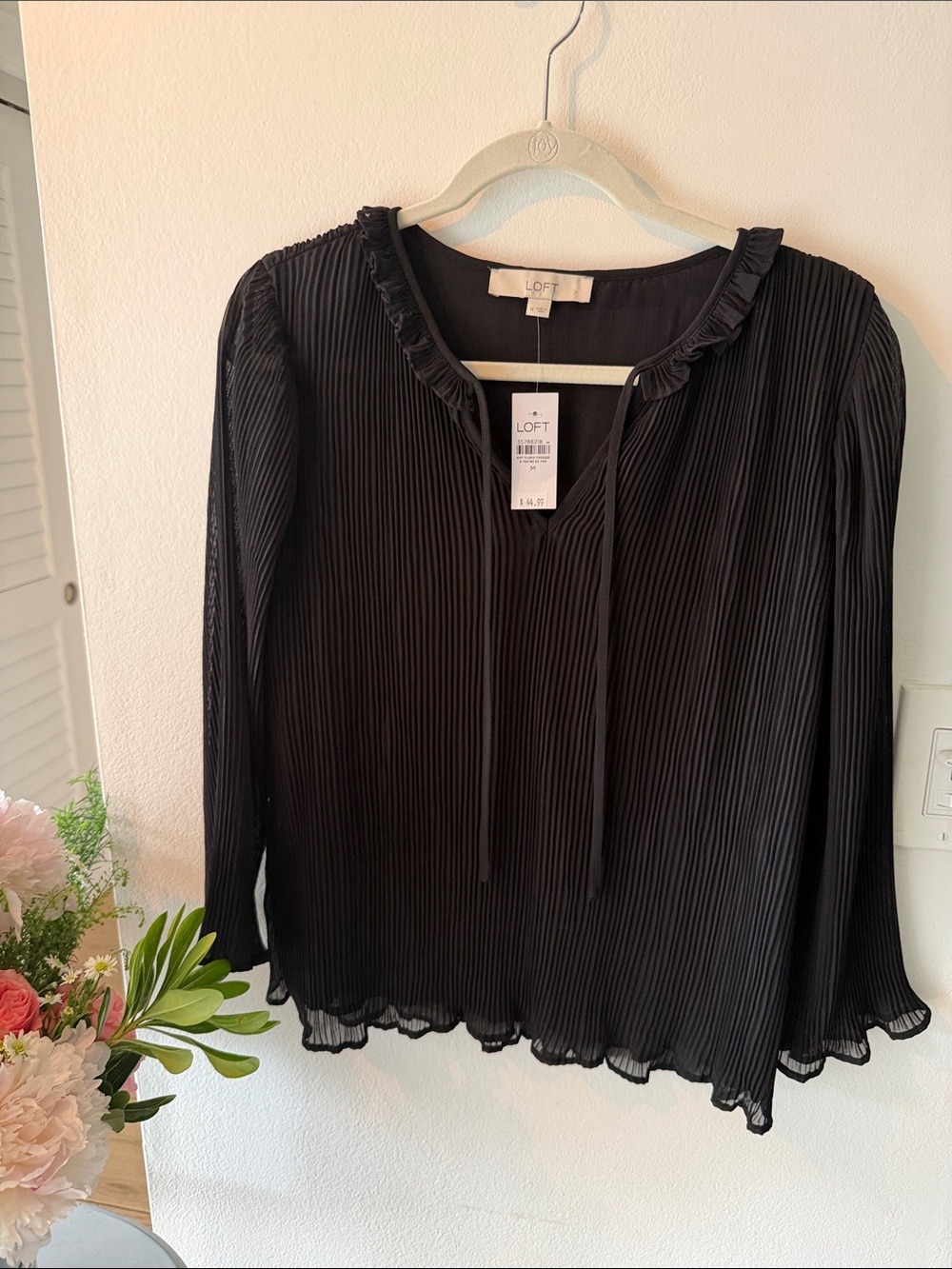 LOFT Black Pleated Ruffle-Neck Long Sleeve Top